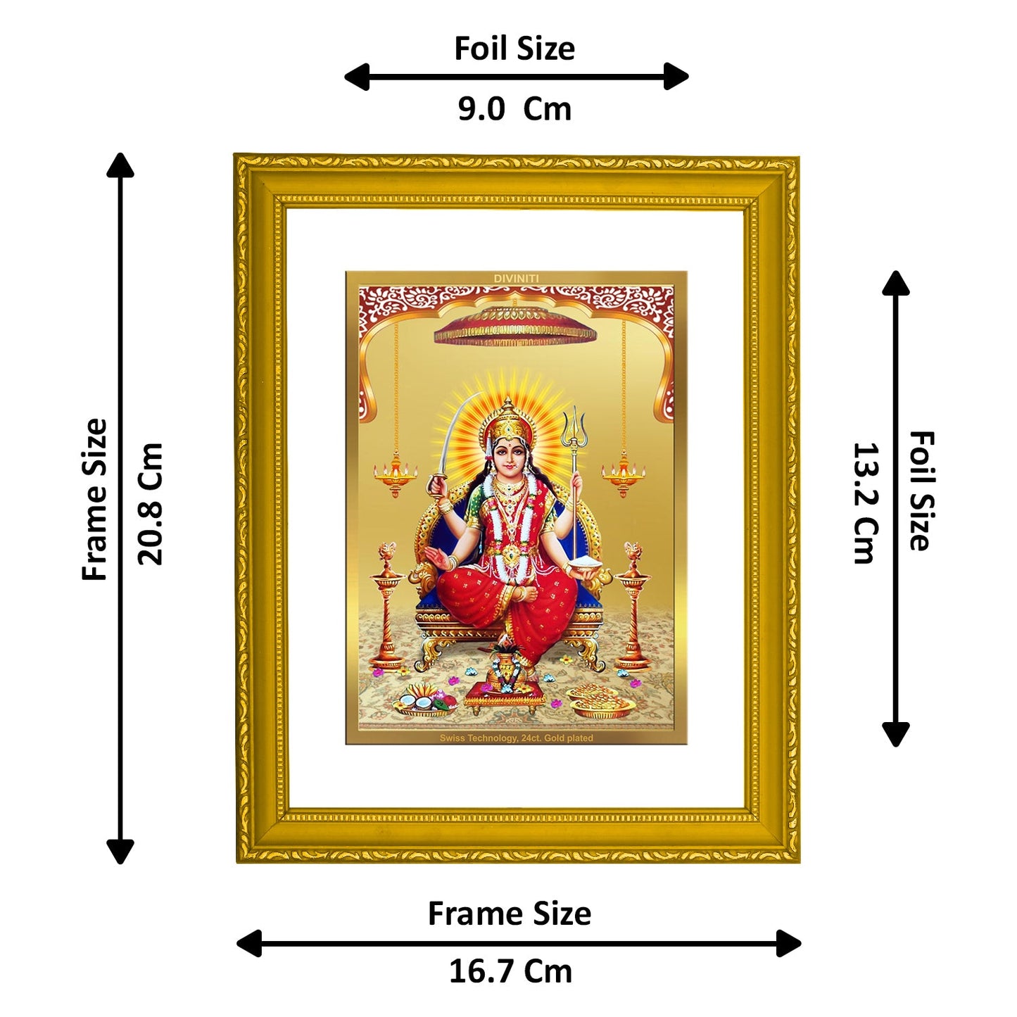 Diviniti 24K Gold Plated Santoshi Mata Photo Frame For Home Decor, Wall Decor, Table, Puja Room (20.8 x 16.7 CM)