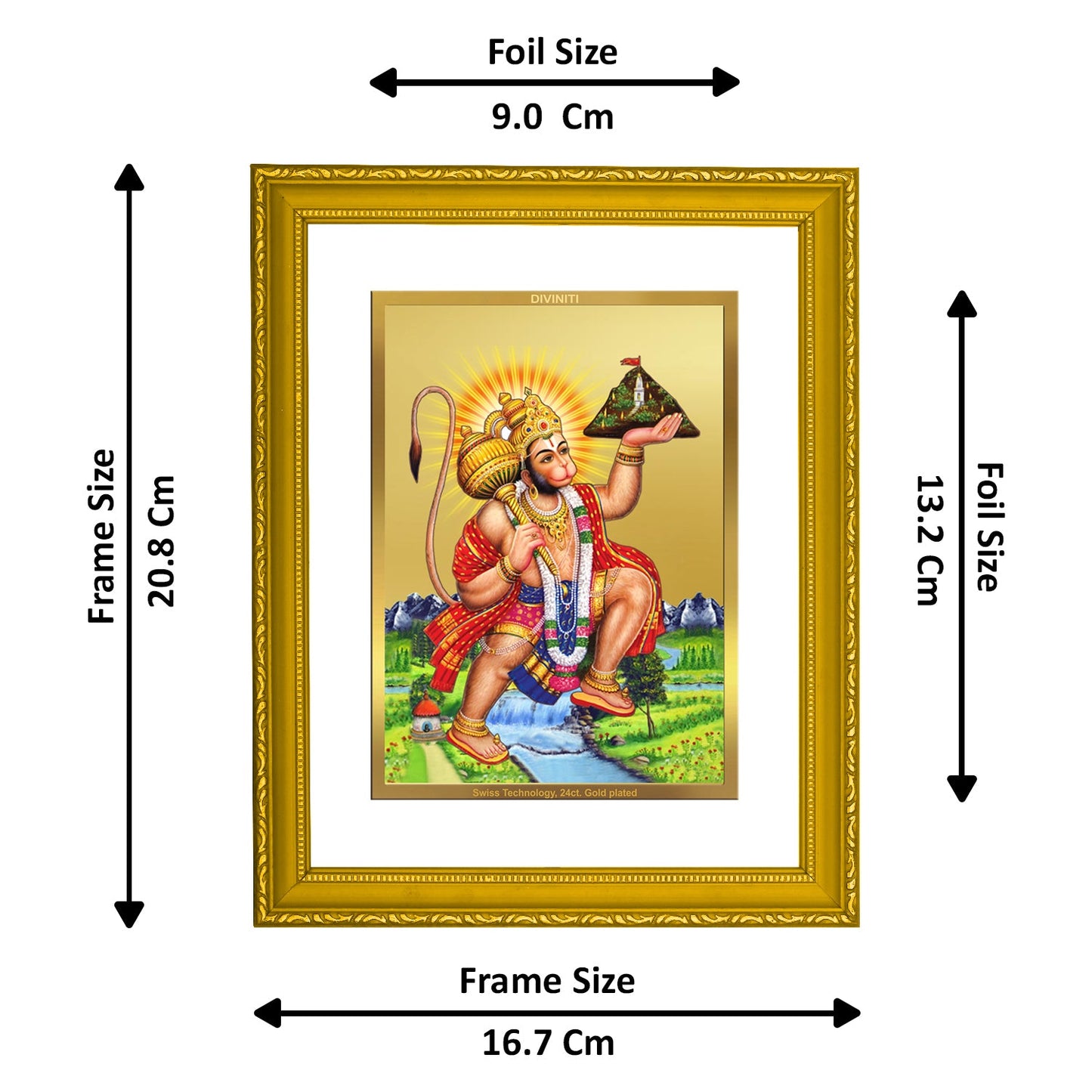 Diviniti 24K Gold Plated Lord Hanuman Photo Frame For Home Decor, Table, Wall Decor, Worship, Gift (20.8 x 16.7 CM)