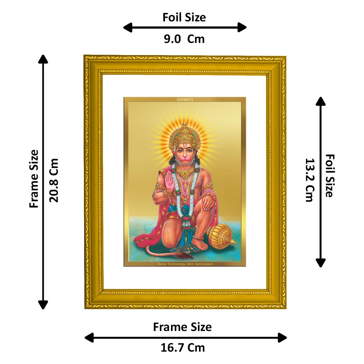 Diviniti 24K Gold Plated Hanuman Ji Photo Frame For Home Decor, Wall Hanging, Table, Puja Room, Gift (20.8 x 16.7 CM)