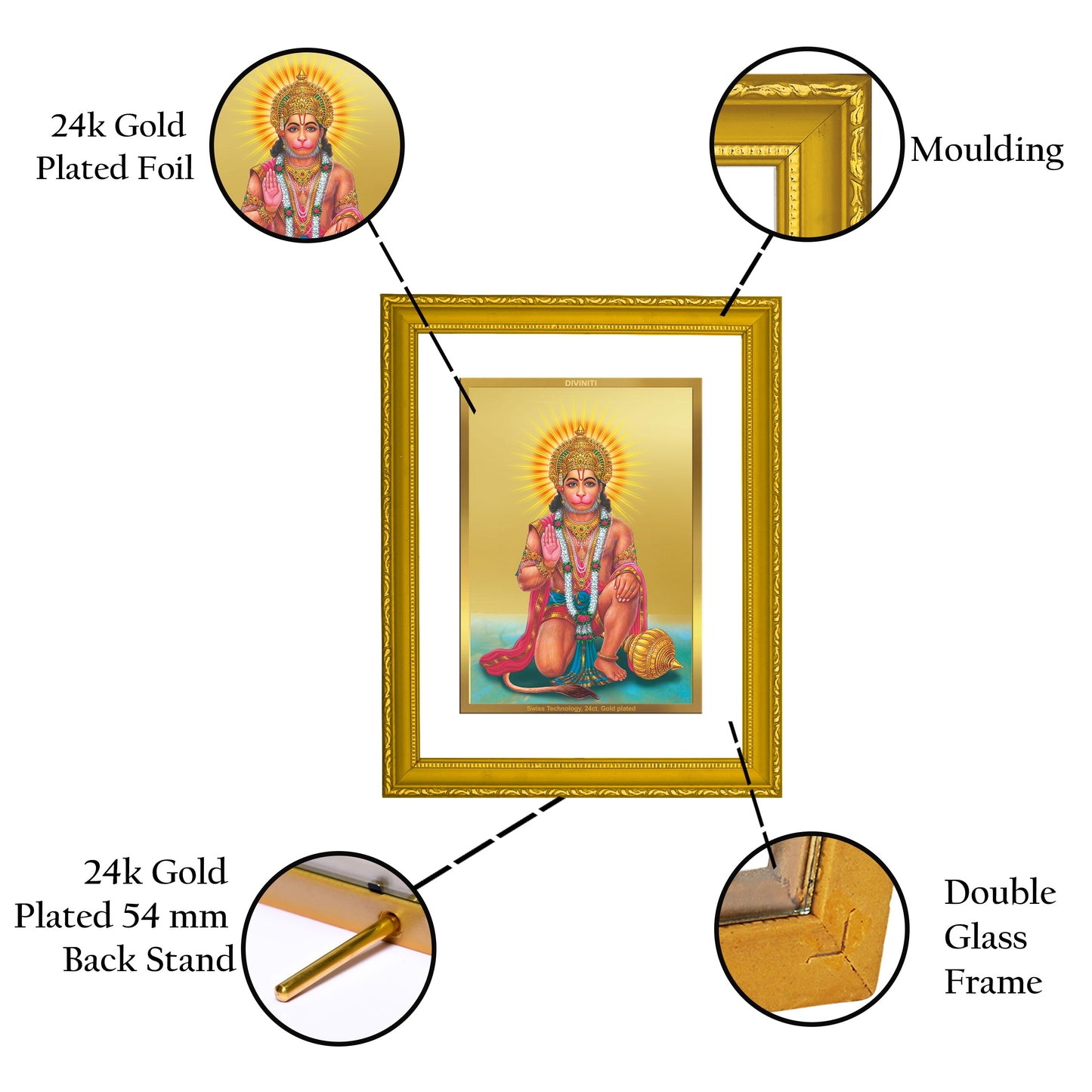 Diviniti 24K Gold Plated Hanuman Ji Photo Frame For Home Decor, Wall Hanging, Table, Puja Room, Gift (20.8 x 16.7 CM)