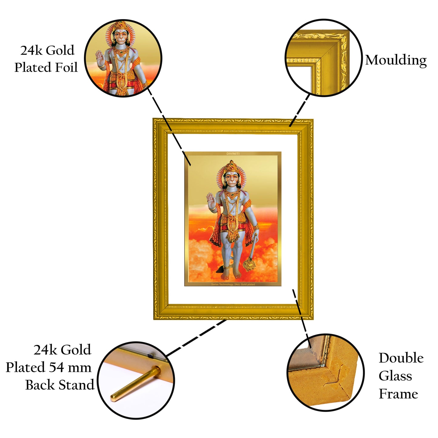 DIVINITI Hanuman-2 Gold Plated Wall Photo Frame| DG Frame 101 Size 2 Wall Photo Frame and 24K Gold Plated Foil| Religious Photo Frame Idol For Prayer, Gifts Items (20.8CMX16.7CM)