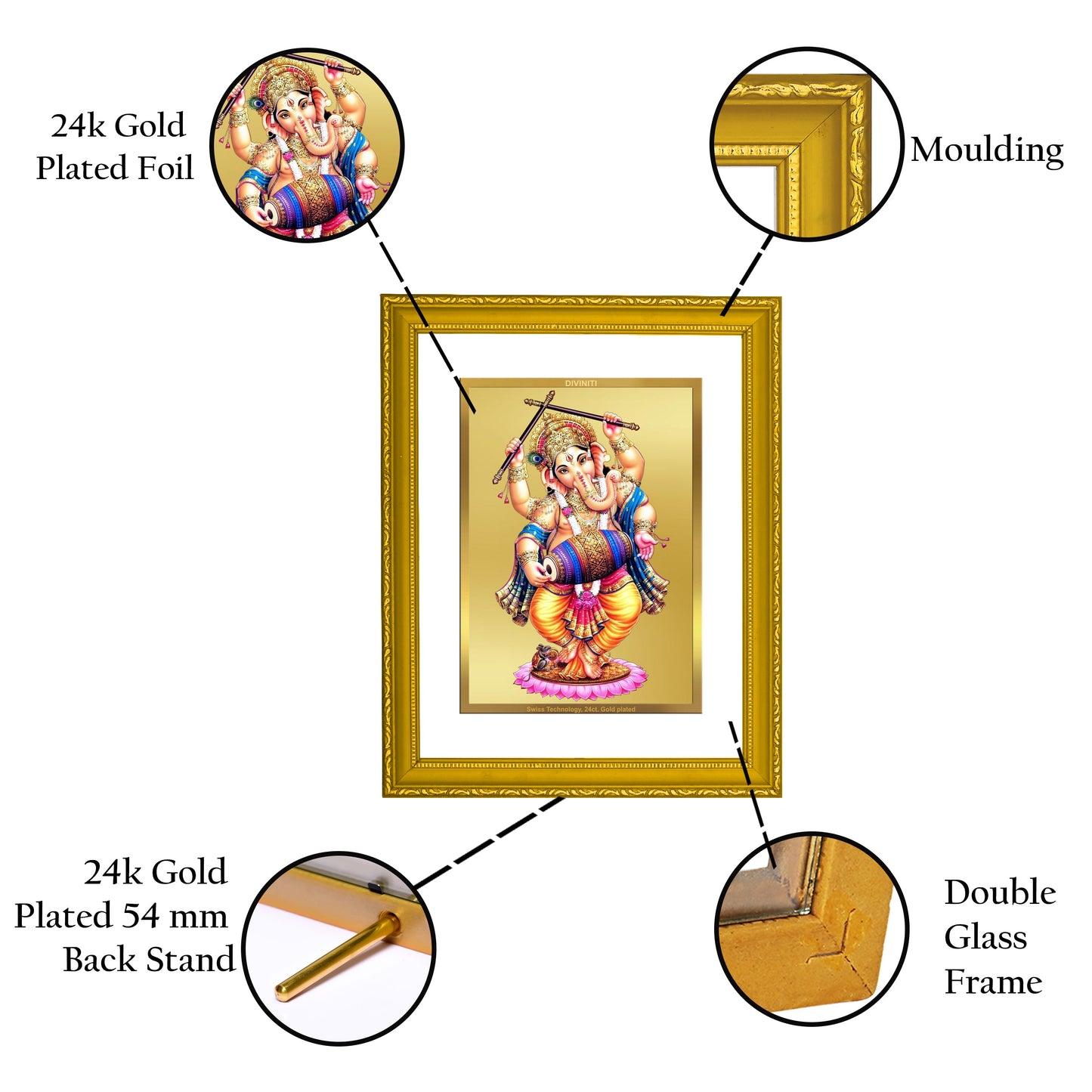 DIVINITI Ganesha Gold Plated Wall Photo Frame| DG Frame 101 Size 2 Wall Photo Frame and 24K Gold Plated Foil| Religious Photo Frame Idol For Prayer(20.8CMX16.7CM)