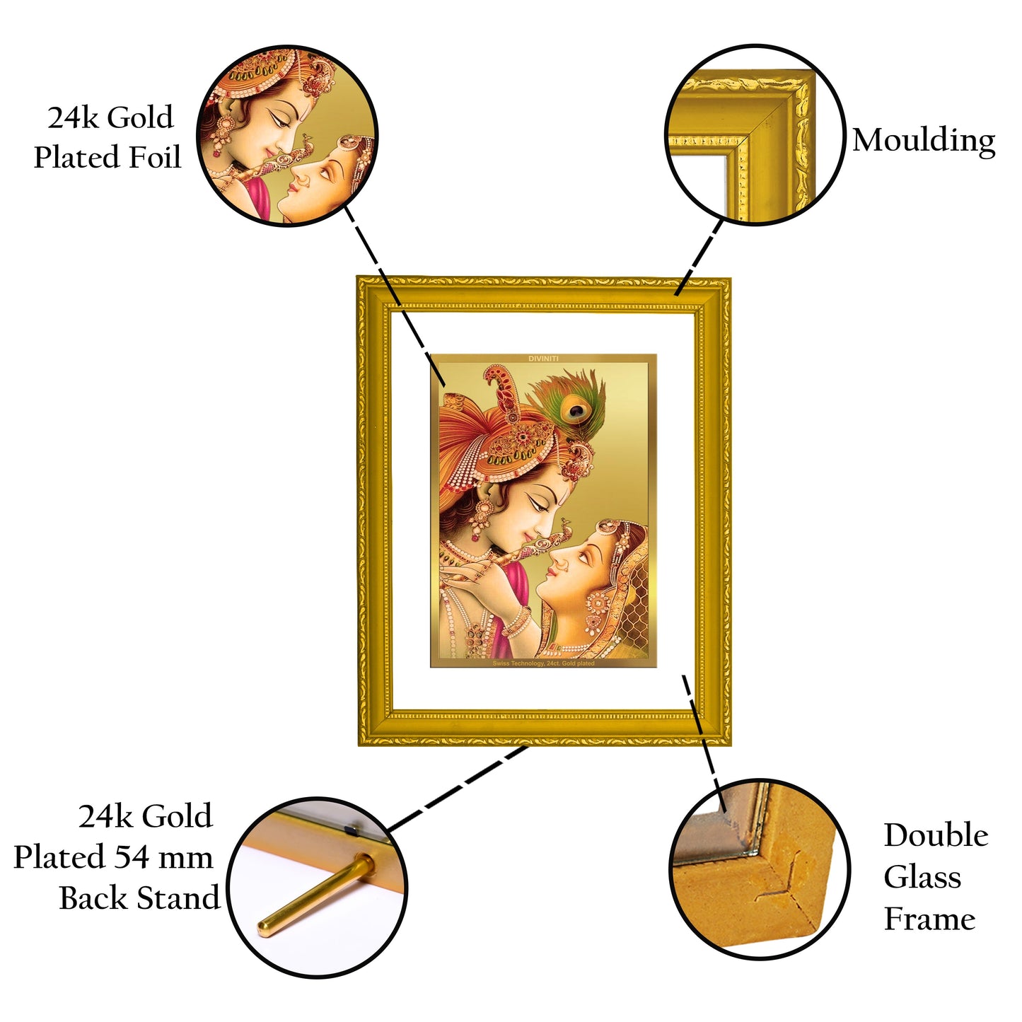 Diviniti 24K Gold Plated Radha Krishna Photo Frame For Home Decor, Wall Hanging, Table, Puja, Gift (20.8 x 16.7 CM)