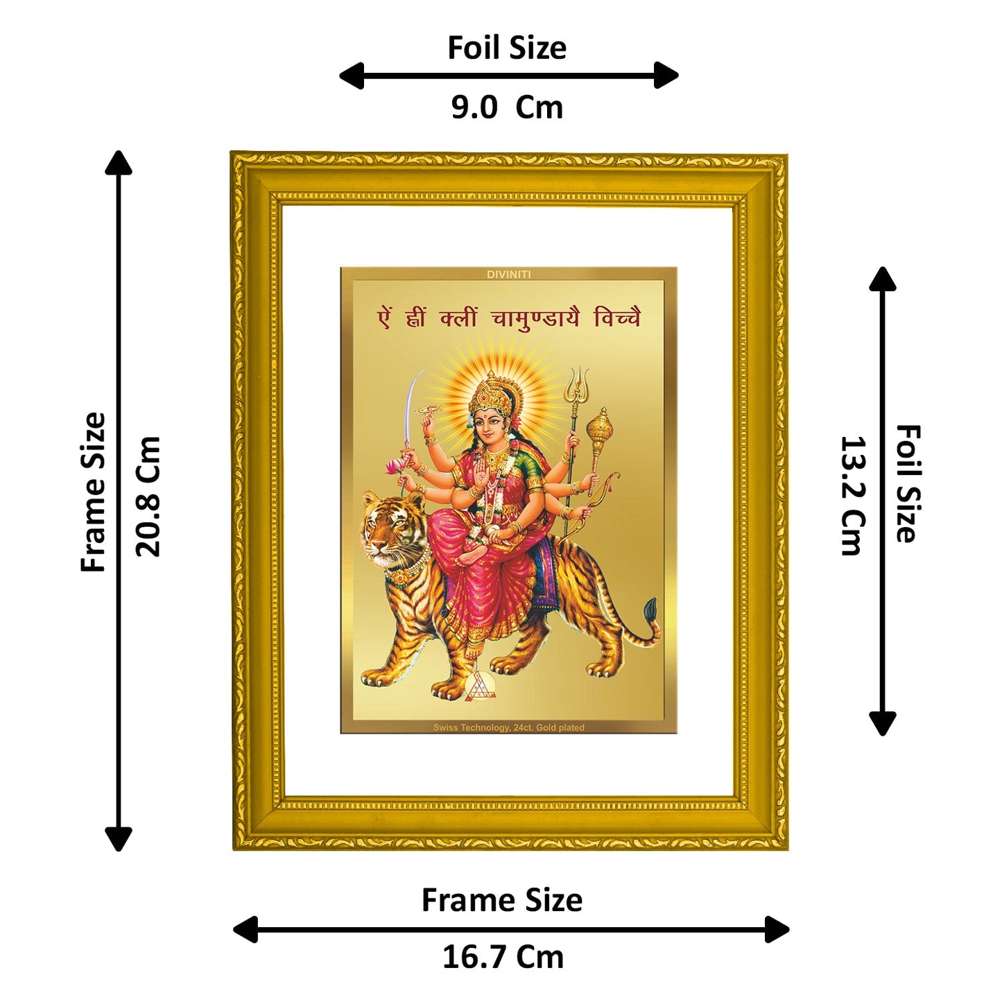 DIVINITI Durga Gold Plated Wall Photo Frame| DG Frame 101 Size 2 Wall Photo Frame and 24K Gold Plated Foil| Religious Photo Frame Idol For Prayer(20.8CMX16.7CM)