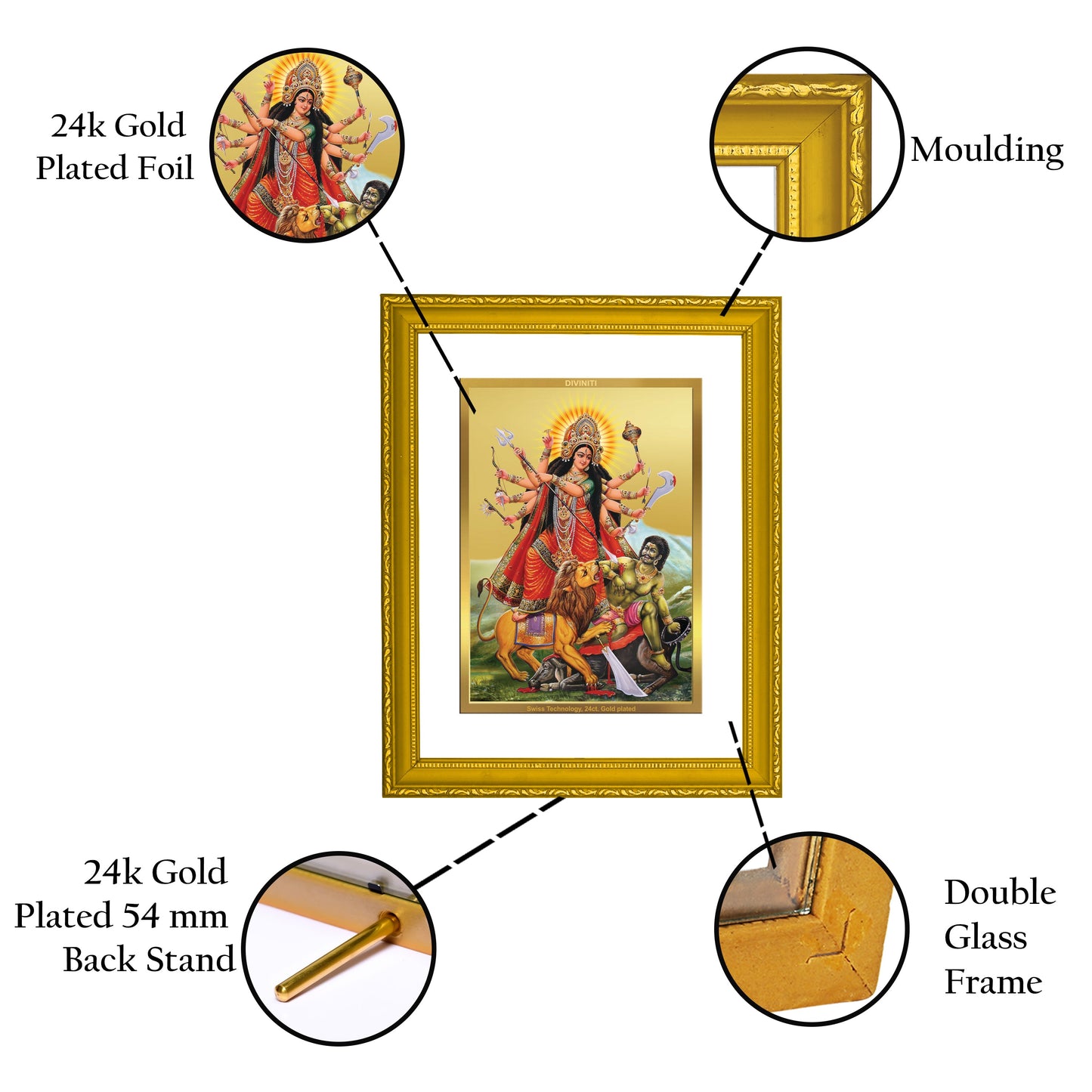 DIVINITI Goddess Durga 24K Gold Plated Wall Photo Frame| DG Frame 101 Size 2 Wall Photo Frame, Gifts Items (20.8CMX16.7CM)