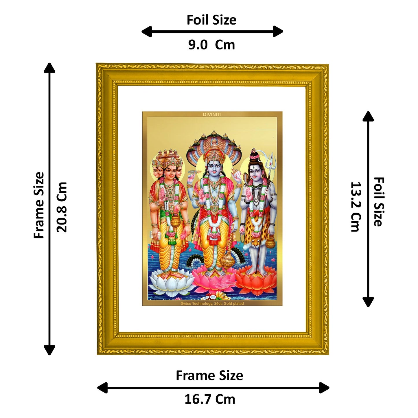 DIVINITI Brahma Vishnu Mahesh Gold Plated Wall Photo Frame| DG Frame 101 Size 2 Wall Photo Frame and 24K Gold Plated Foil| Religious Photo Frame Idol For Prayer(20.8CMX16.7CM)