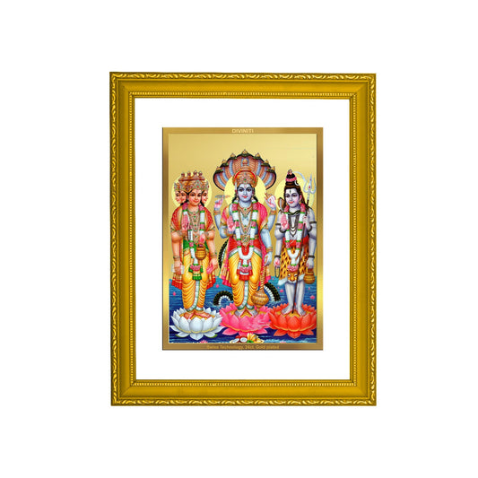 DIVINITI Brahma Vishnu Mahesh Gold Plated Wall Photo Frame| DG Frame 101 Size 2 Wall Photo Frame and 24K Gold Plated Foil| Religious Photo Frame Idol For Prayer(20.8CMX16.7CM)