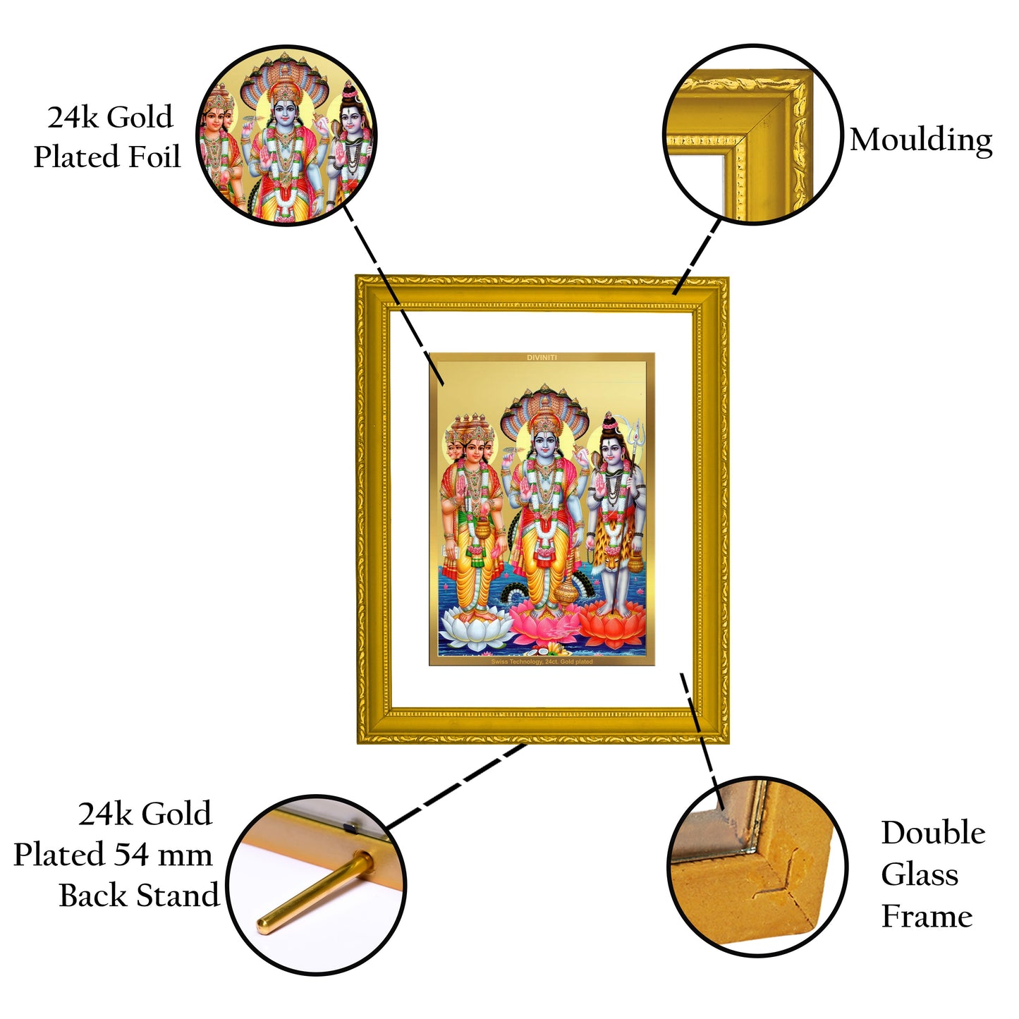 DIVINITI Brahma Vishnu Mahesh Gold Plated Wall Photo Frame| DG Frame 101 Size 2 Wall Photo Frame and 24K Gold Plated Foil| Religious Photo Frame Idol For Prayer(20.8CMX16.7CM)