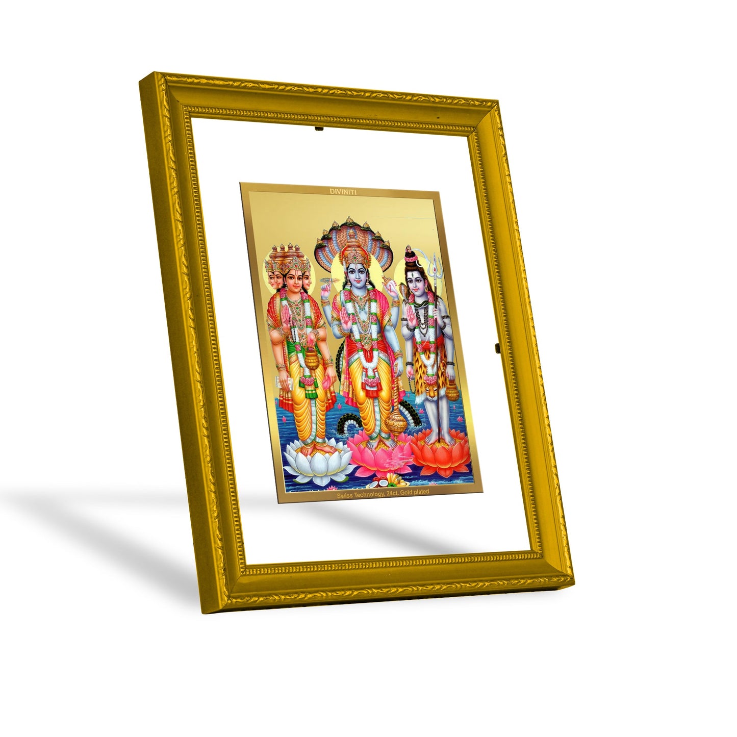 DIVINITI Brahma Vishnu Mahesh Gold Plated Wall Photo Frame| DG Frame 101 Size 2 Wall Photo Frame and 24K Gold Plated Foil| Religious Photo Frame Idol For Prayer(20.8CMX16.7CM)