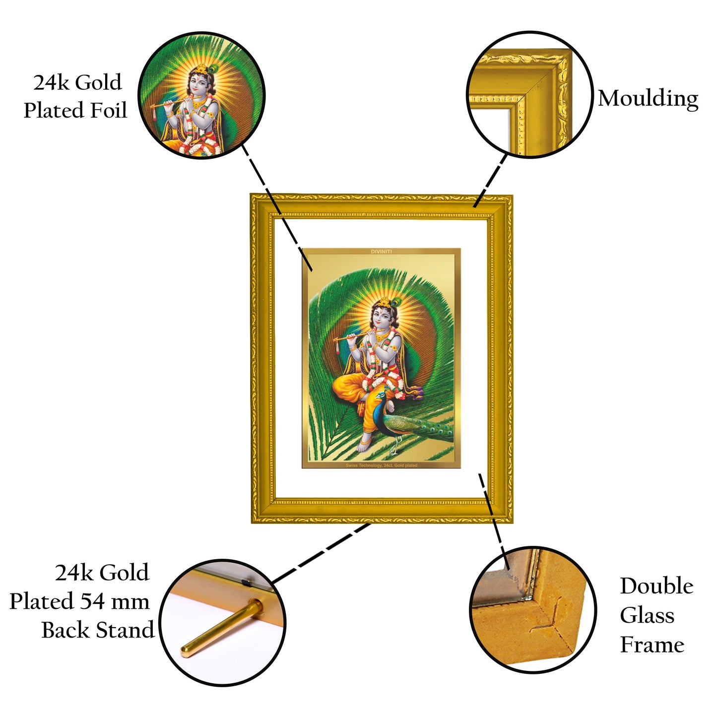 DIVINITI Krishna Gold Plated Wall Photo Frame| DG Frame 101 Size 2 Wall Photo Frame and 24K Gold Plated Foil| Religious Photo Frame Idol ForGifts Items (20.8CMX16.7CM)