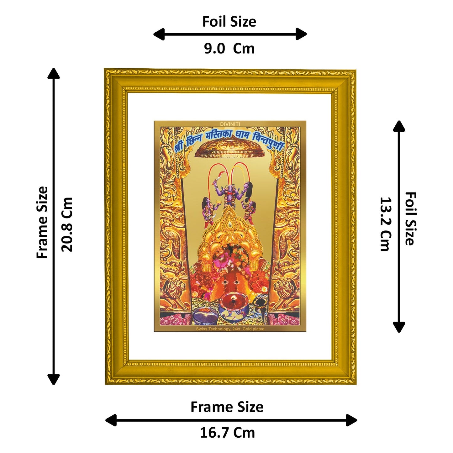 DIVINITI Maa Chintpurni Gold Plated Wall Photo Frame| DG Frame 101 Size 2 Wall Photo Frame and 24K Gold Plated Foil, Gifts Items (20.8CMX16.7CM)