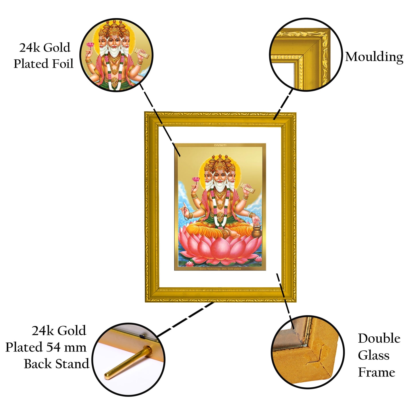 DIVINITI Brahma Gold Plated Wall Photo Frame| DG Frame 101 Size 2 Wall Photo Frame and 24K Gold Plated Foil| Religious Photo Frame Idol For Prayer, Gifts Items (20.8CMX16.7CM)