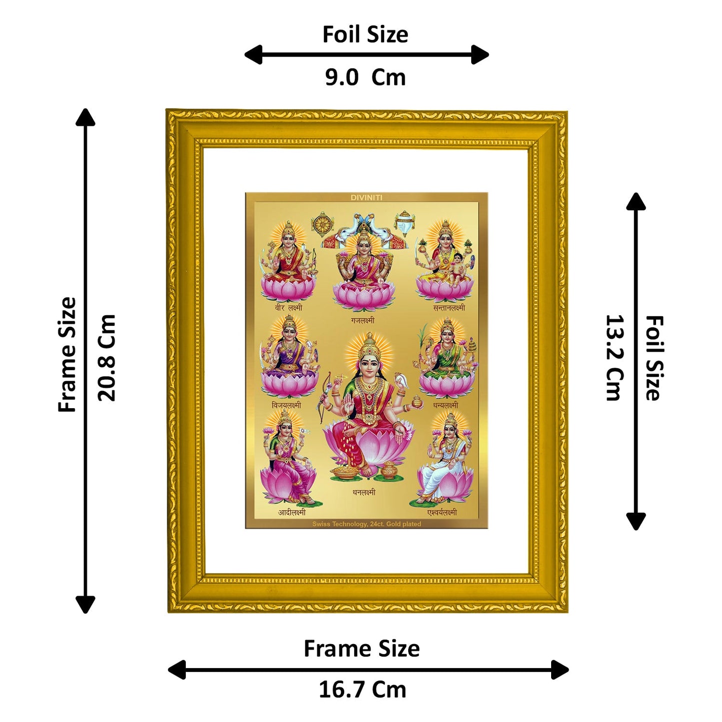 DIVINITI Ashtha Lakshmi Gold Plated Wall Photo Frame| DG Frame 101 Size 2 Wall Photo Frame and 24K Gold Plated Foil| Religious Photo Frame Idol For Prayer, Gifts Items (20.8CMX16.7CM)