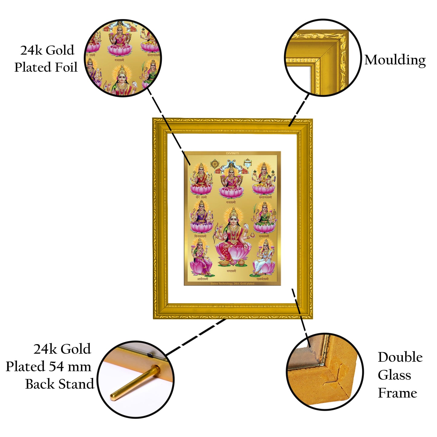 DIVINITI Ashtha Lakshmi Gold Plated Wall Photo Frame| DG Frame 101 Size 2 Wall Photo Frame and 24K Gold Plated Foil| Religious Photo Frame Idol For Prayer, Gifts Items (20.8CMX16.7CM)