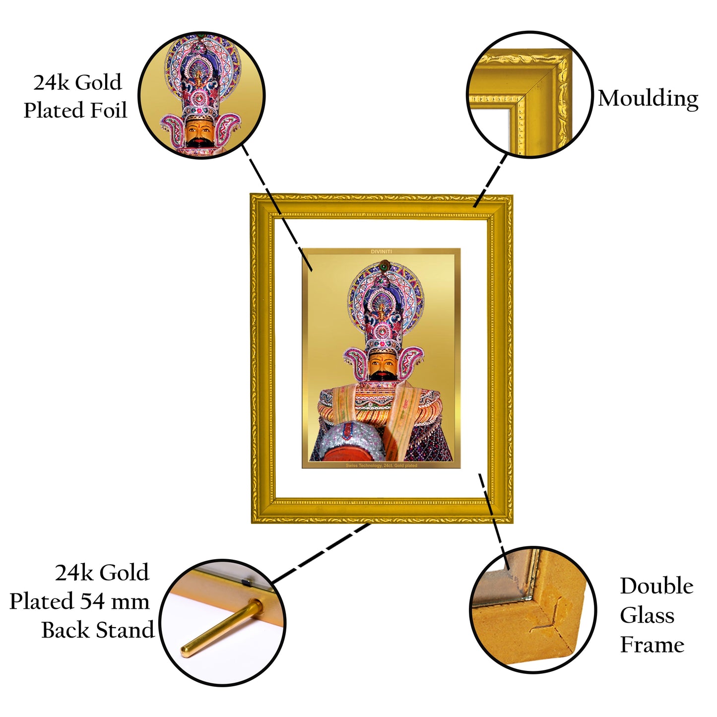 Diviniti 24K Gold Plated Khatu Shyam Photo Frame For Home Decor, Wall Decor, Table Top, Gift (20.8 x 16.7 CM)