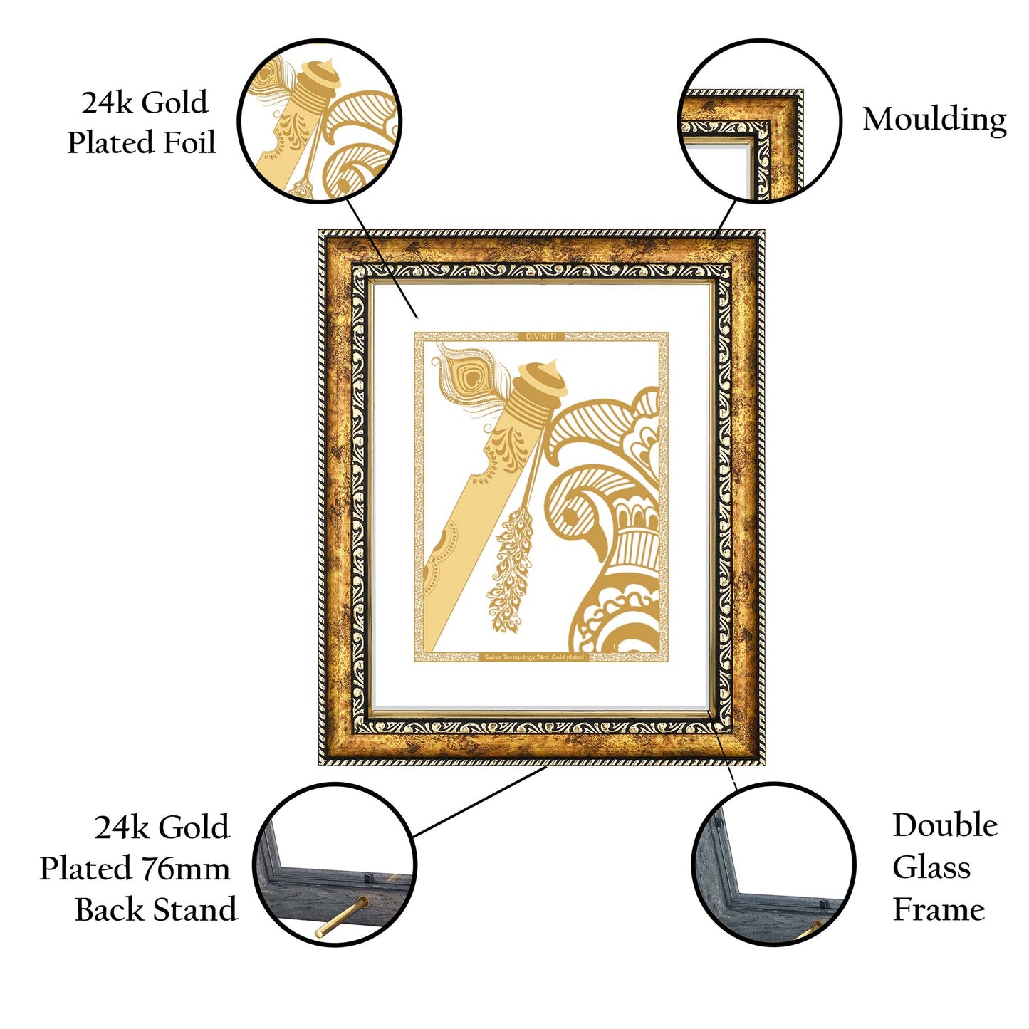 Diviniti 24K Gold Plated Flute Wall Hanging for Home| DG Photo Frame For Wall Decoration| Wall Hanging Photo Frame For Home Decor, Living Room, Hall, Guest Room