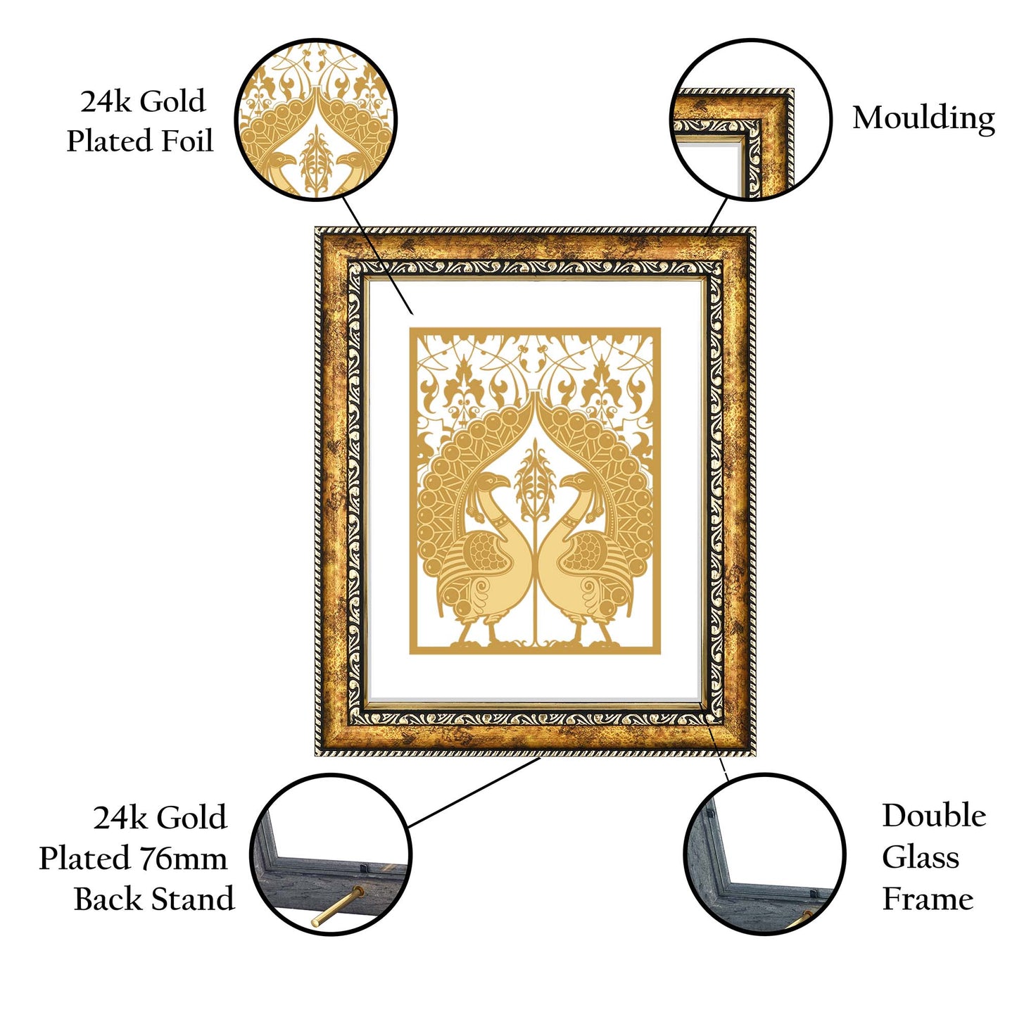 Diviniti 24K Gold Plated Peacock Couple Wall Hanging for Home| Photo Frame For Wall Decoration| DG Size 3 Wall Photo Frame For Home Decor, Living Room, Hall, Guest Room