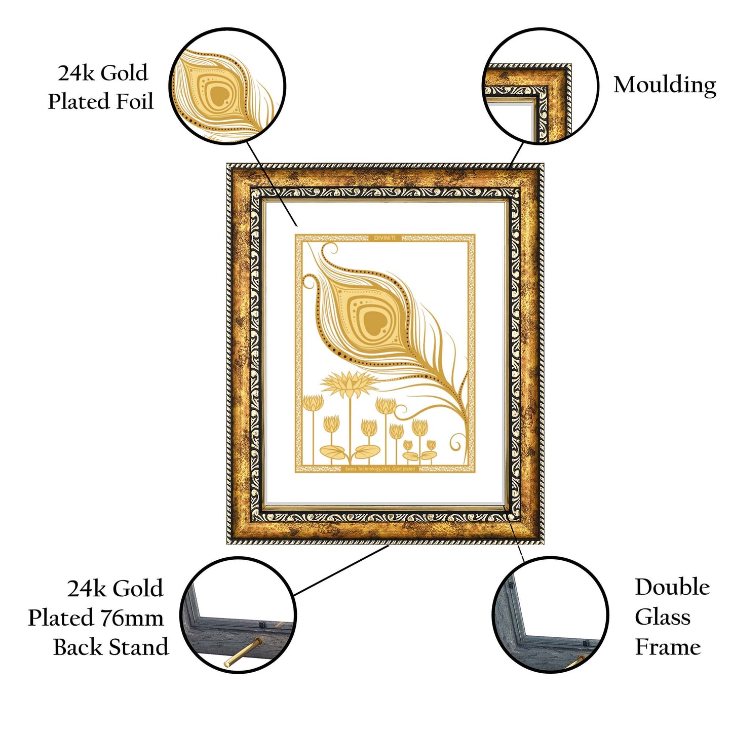 Diviniti 24K Gold Plated Peacock Feather Wall Hanging for Home| Photo Frame For Wall Decoration| DG Size 3 Wall Photo Frame For Home Decor, Living Room, Hall, Guest Room