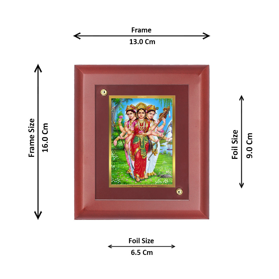 Diviniti 24K Gold Plated Teen Devi Photo Frame For Home Wall Decor, Table Tops, Prayer, Gift (16 x 13 CM)