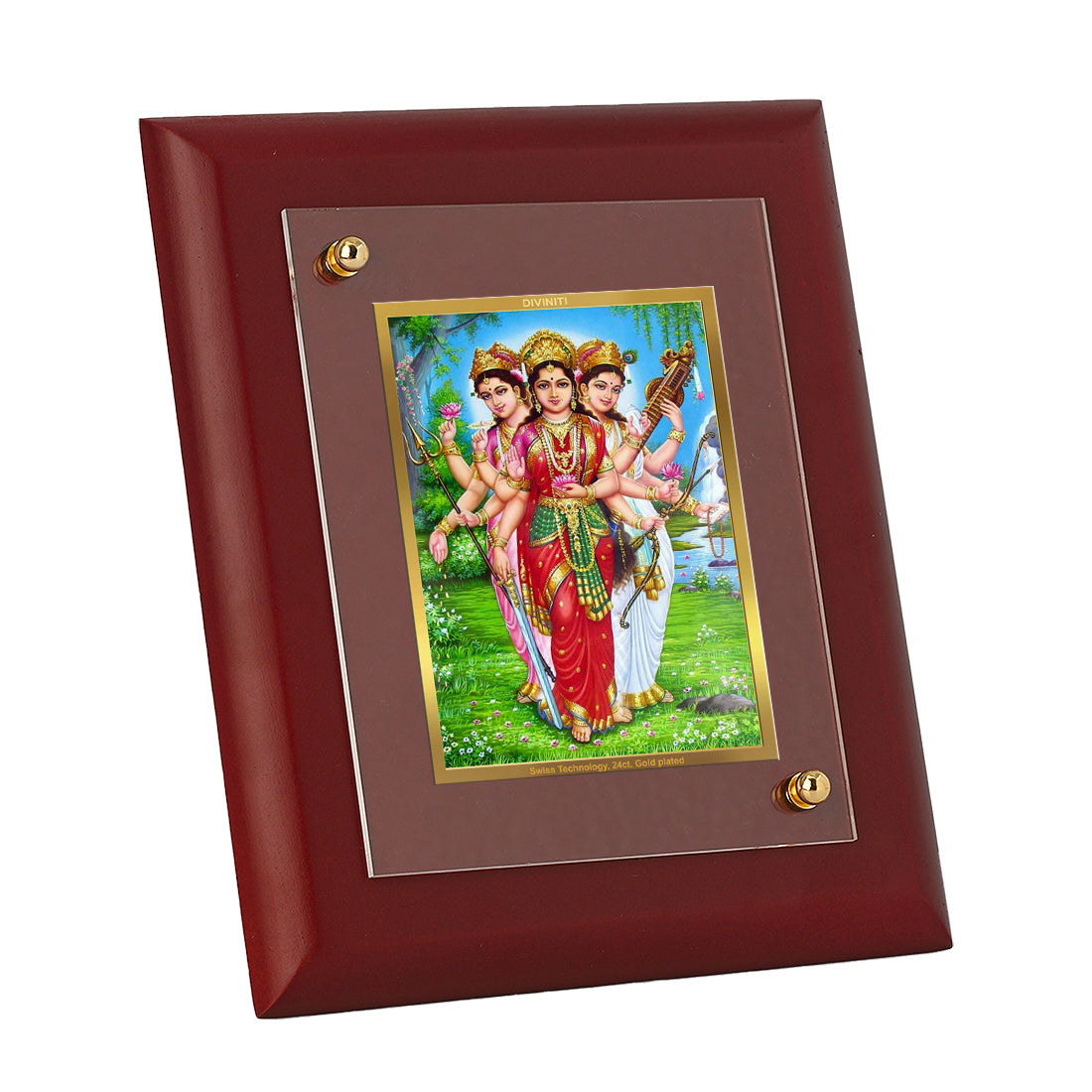 Diviniti 24K Gold Plated Teen Devi Photo Frame For Home Wall Decor, Table Tops, Prayer, Gift (16 x 13 CM)