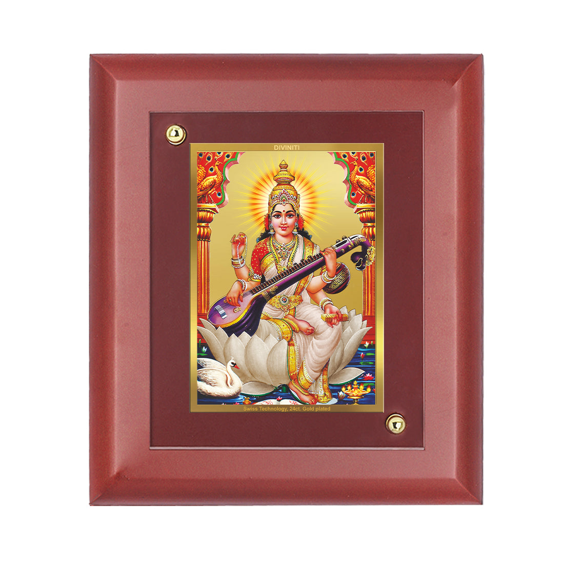 Diviniti 24K Gold Plated Saraswati Mata Photo Frame For Home Decor, Wall Hanging, Office Table, Puja (16 x 13 CM)