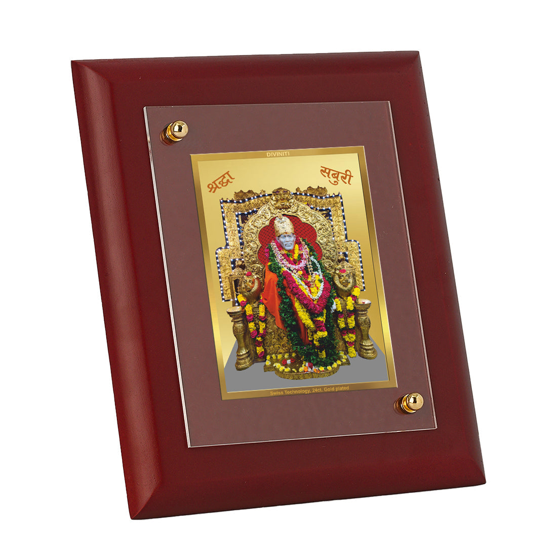 Diviniti 24K Gold Plated Sai Baba Photo Frame For Home Decor Showpiece, Wall Hanging, Table, Gift (16 x 13 CM)