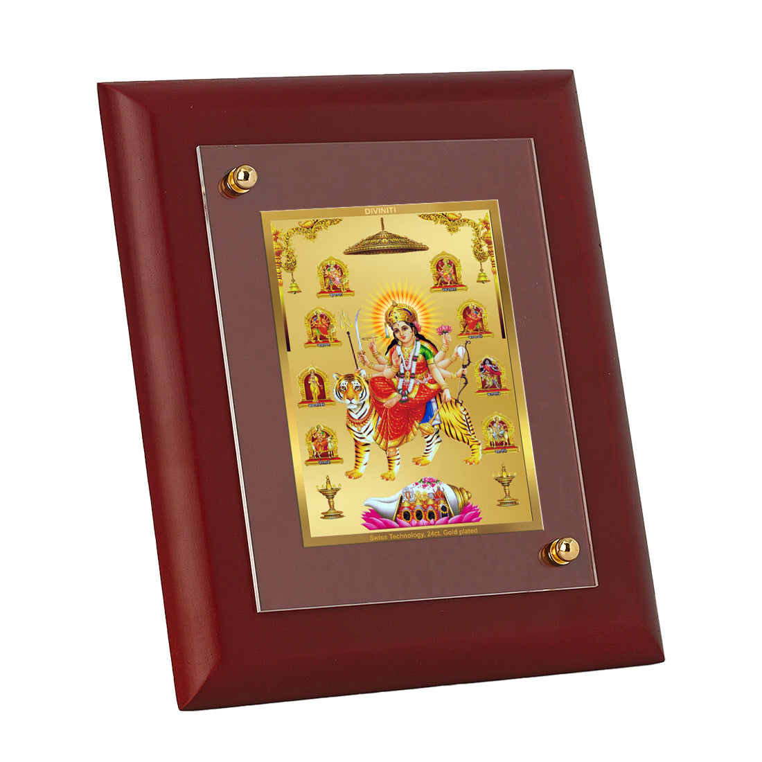 Diviniti 24K Gold Plated Nav Durga Photo Frame For Home Decor, Wall Decor, Table, Puja, Festival Gift (16 x 13 CM)