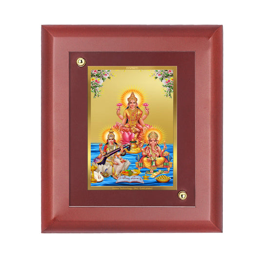 Diviniti 24K Gold Plated Lakshmi Ganesha Saraswati Photo Frame For Home Decor, Wall Hanging, Table, Puja (16 x 13 CM)