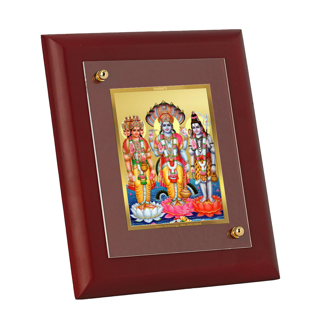 Diviniti 24K Gold Plated Brahma Vishnu Mahesh Photo Frame For Home Wall Decor, Table Tops, Puja, Gift (16 x 13 CM)