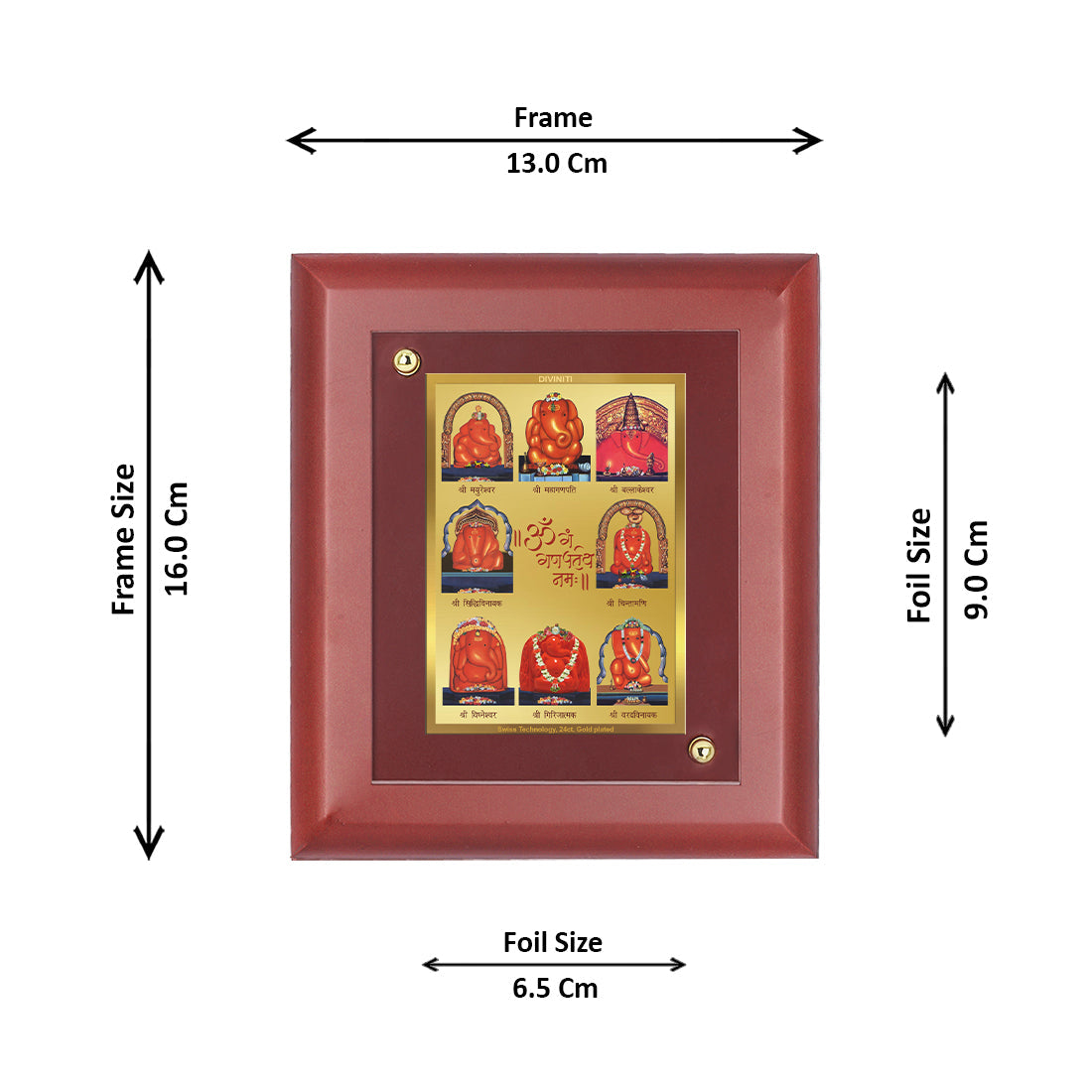 Diviniti 24K Gold Plated Ashtha Ganesha Photo Frame For Home Wall Decor, Table Tops, Puja Room, Gift (16 x 13 CM)