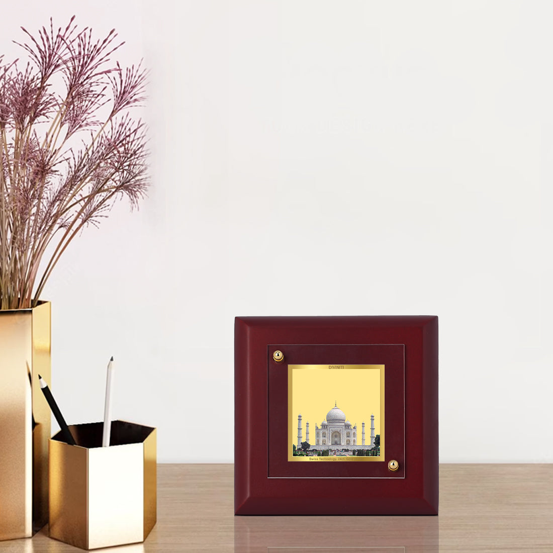 Diviniti 24K Gold Plated Taj Mahal Photo Frame For Home Decor Showpiece, Table Top, Gift (10 x 10 CM)