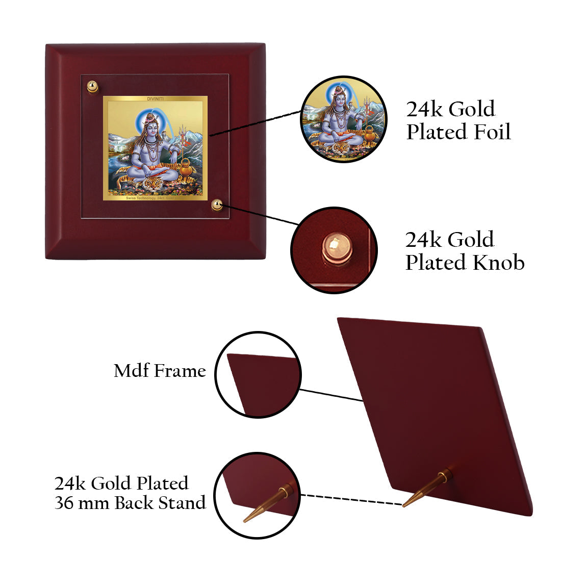 Diviniti 24K Gold Plated Shiva Photo Frame For Home Decor, Table Tops, Puja, Festival Gift (10 x 10 CM)