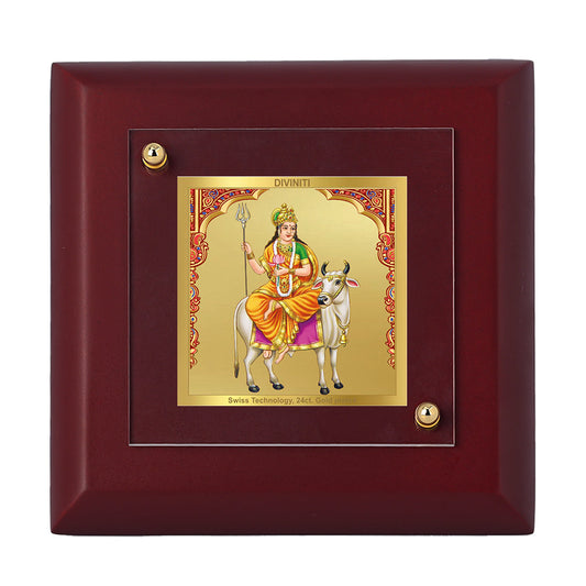 Diviniti 24K Gold Plated Shailputri Mata Photo Frame For Home Decor Showpiece, Table Top, Puja, Gift (10 x 10 CM)