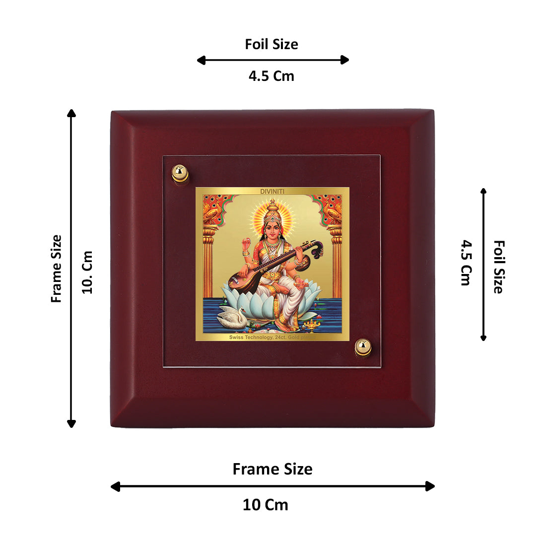 Diviniti 24K Gold Plated Saraswati Mata Photo Frame For Home Decor, Office, Table, Gift, Puja (10 x 10 CM)