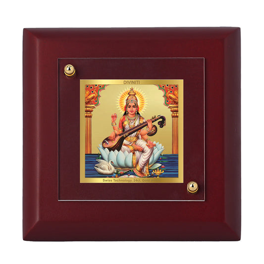 Diviniti 24K Gold Plated Saraswati Mata Photo Frame For Home Decor, Office, Table, Gift, Puja (10 x 10 CM)