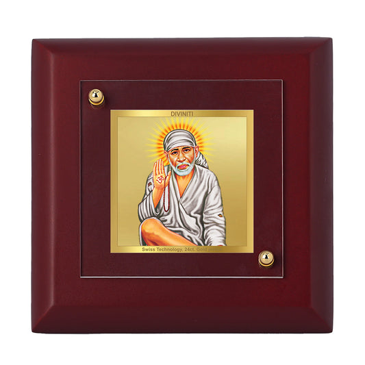 Diviniti 24K Gold Plated Sai Baba Photo Frame For Home Decor Showpiece, Table Top & Gift (10 x 10 CM)