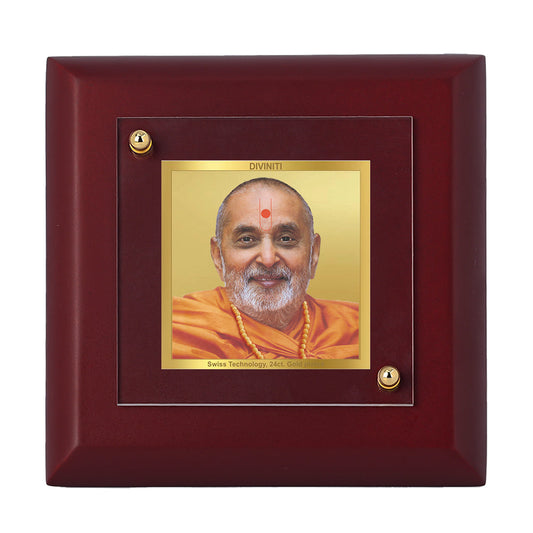 Diviniti 24K Gold Plated Pramukh Swami Photo Frame For Home Decor, Table Top, Puja, Festival Gift (10 x 10 CM)