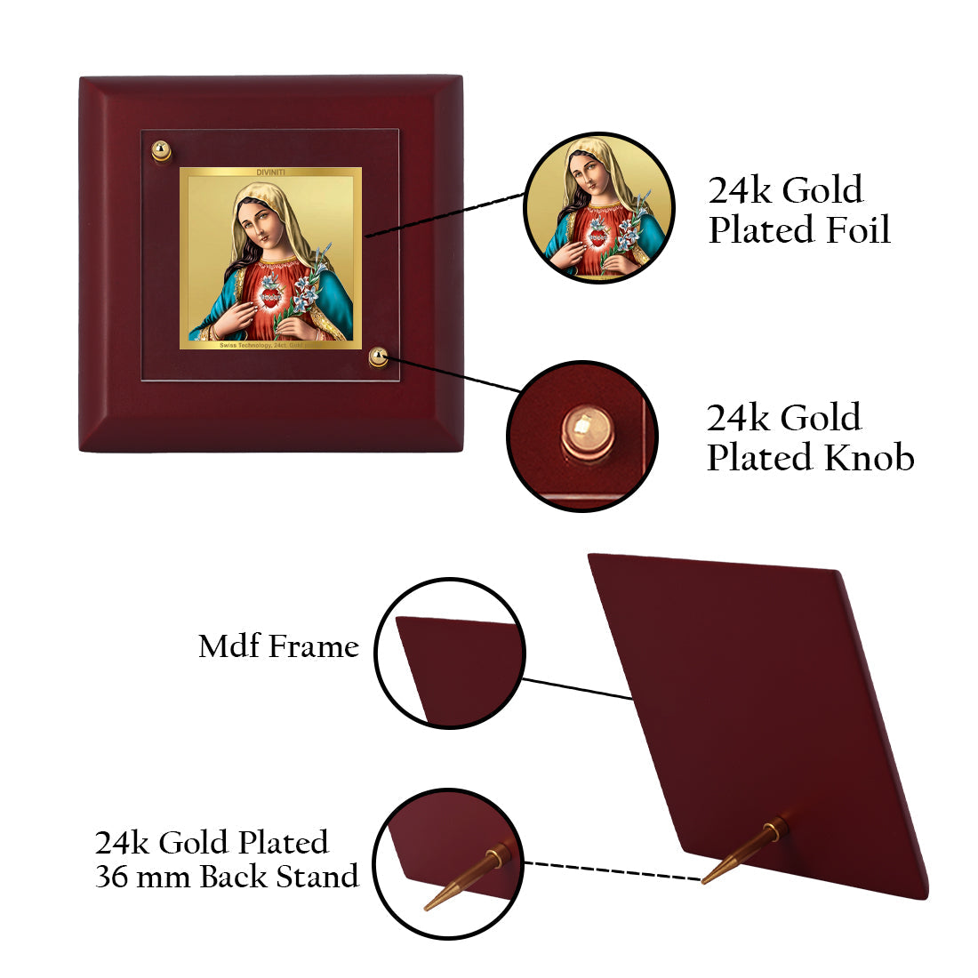 Diviniti 24K Gold Plated Mother Mary Photo Frame For Home Decor, Table, Prayer, Festival Gift (10 x 10 CM)