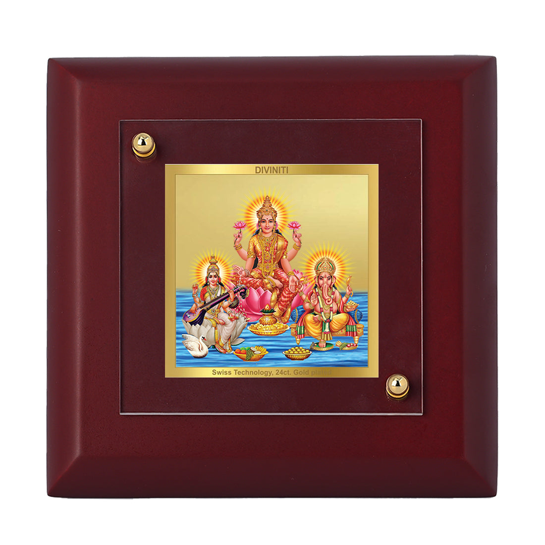 Diviniti 24K Gold Plated Lakshmi Ganesh Saraswati Frame For Home Decor, Table Tops, Puja, Gift (10 x 10 CM)