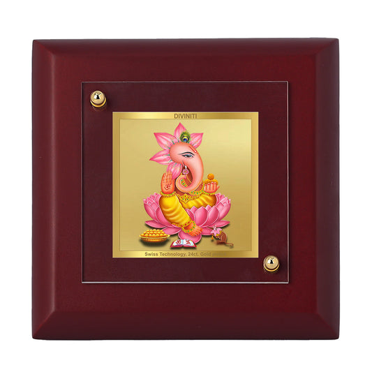 Diviniti 24K Gold Plated Kamal Ganesha Frame For Home Decor, Table Top, Puja Room, Festival Gift (10 x 10 CM)