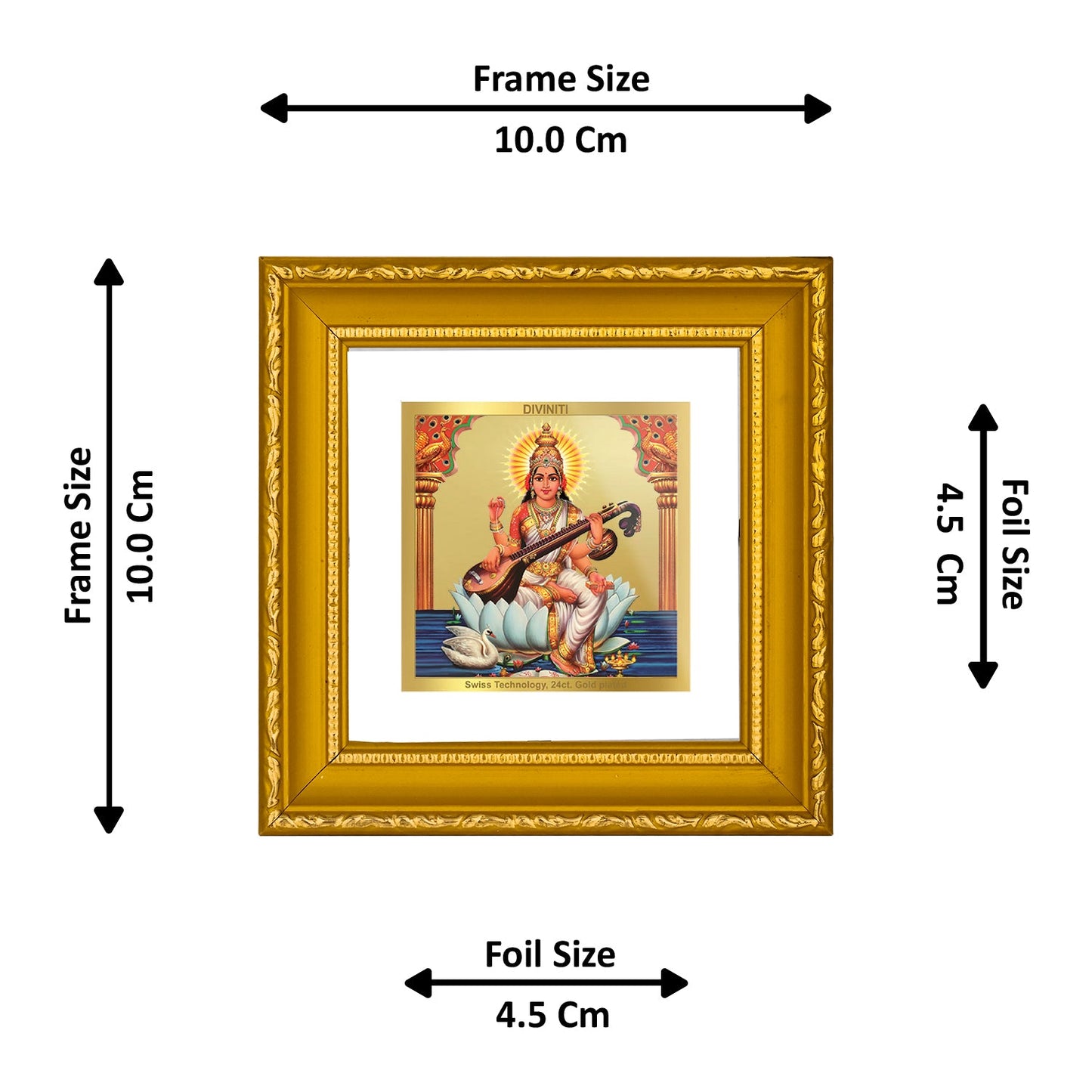 DIVINITI 24K Gold Plated Saraswati Mata Photo Frame For Home Decor, Table, Puja, Gift (10 X 10 CM)