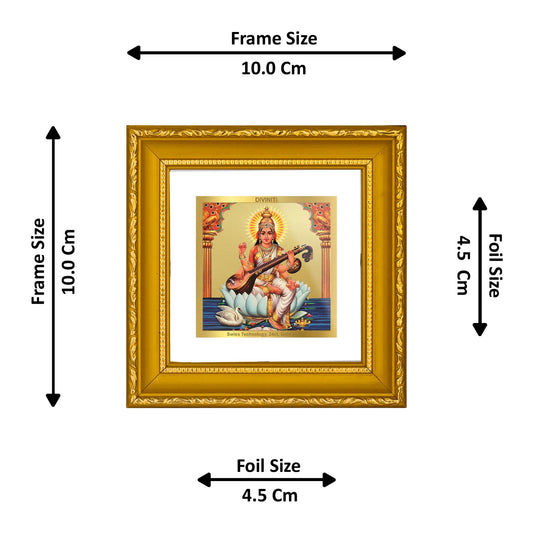 DIVINITI 24K Gold Plated Saraswati Mata Photo Frame For Home Decor, Table, Puja, Gift (10 X 10 CM)