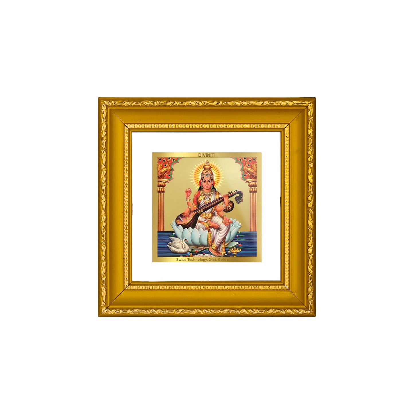 DIVINITI 24K Gold Plated Saraswati Mata Photo Frame For Home Decor, Table, Puja, Gift (10 X 10 CM)