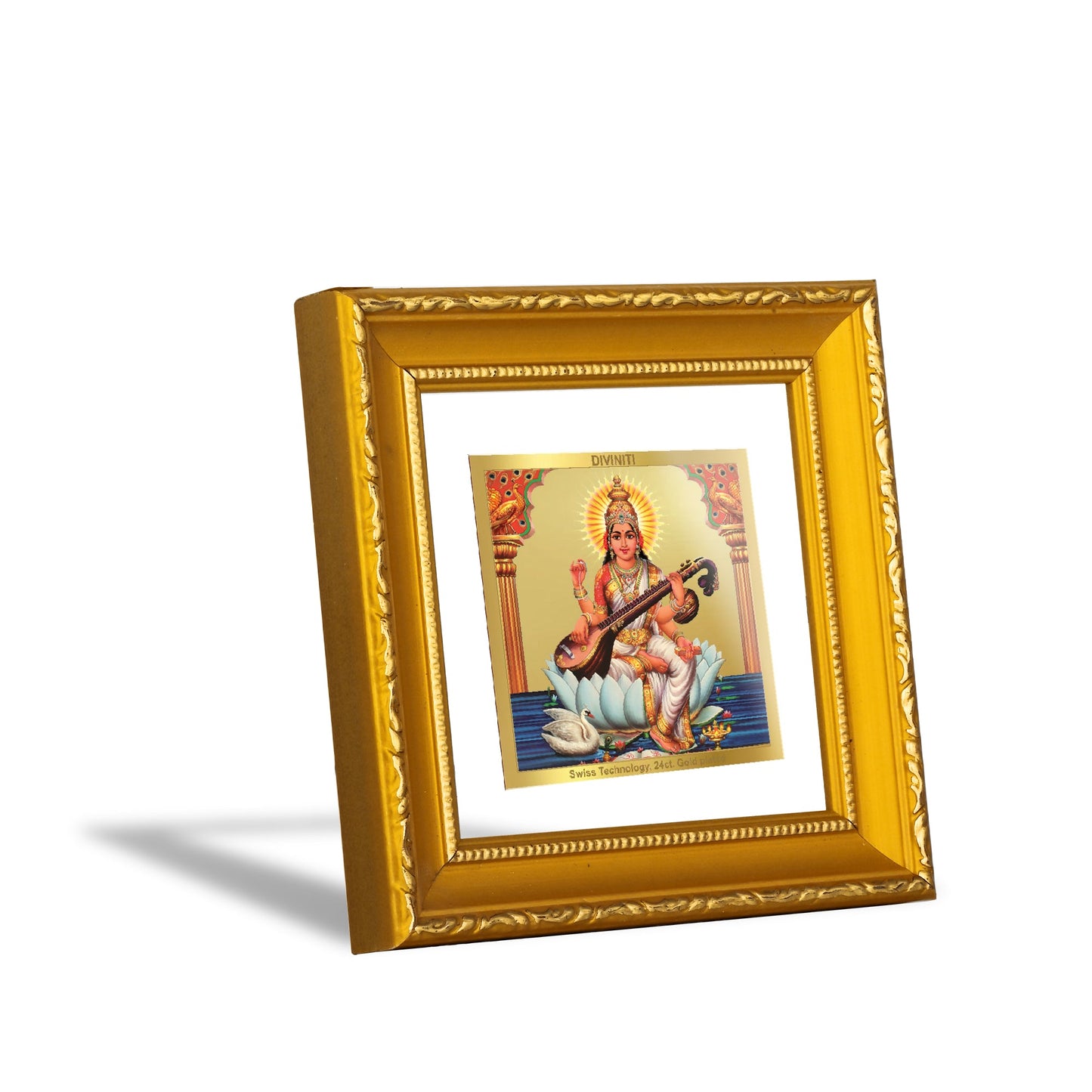 DIVINITI 24K Gold Plated Saraswati Mata Photo Frame For Home Decor, Table, Puja, Gift (10 X 10 CM)