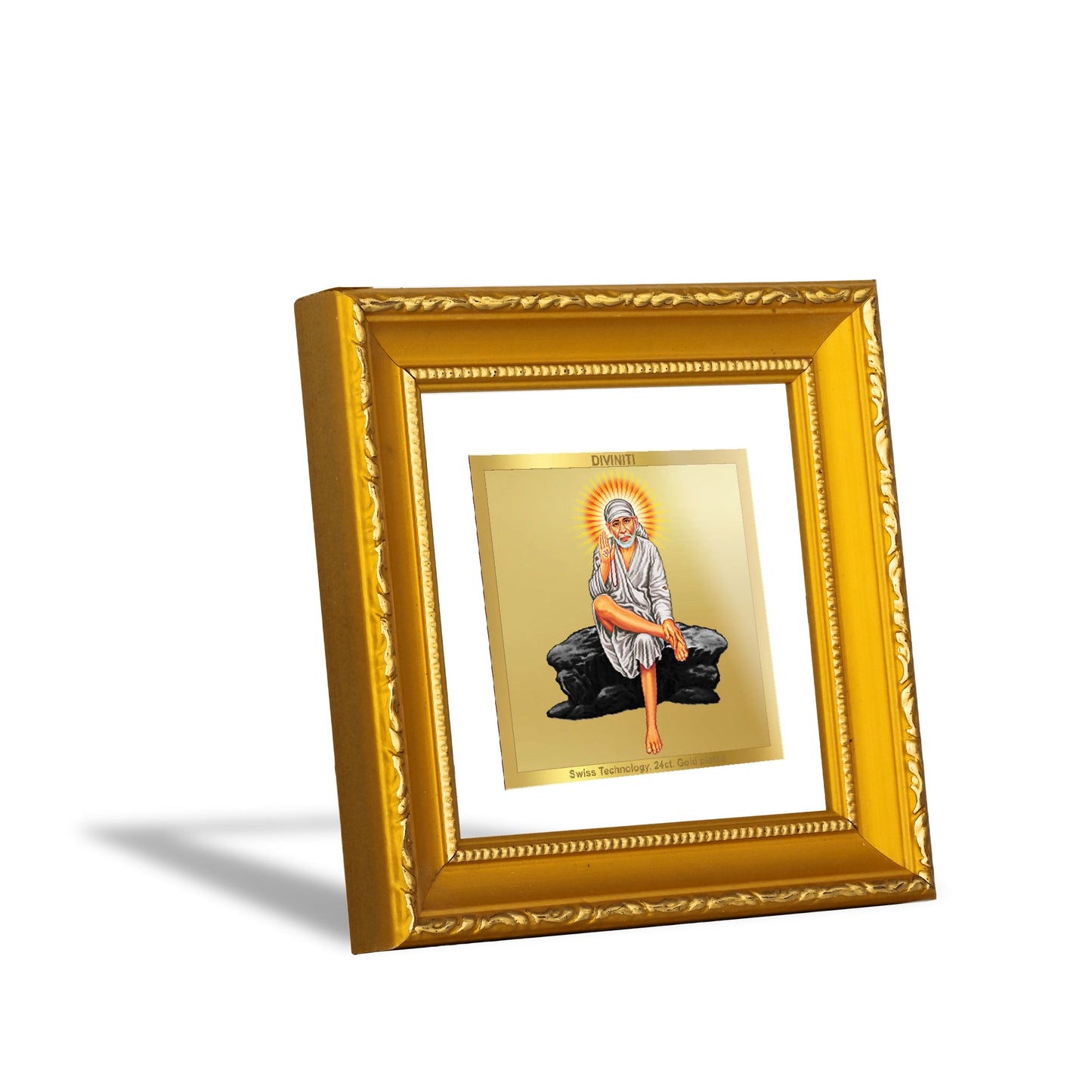 DIVINITI 24K Gold Plated Sai Baba Photo Frame For Home Decor, Prayer, Festive Gift (10 X 10 CM)