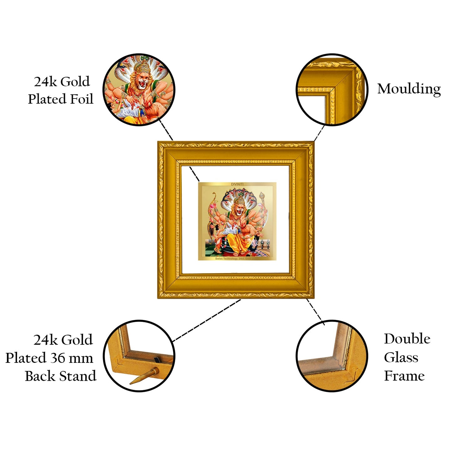 DIVINITI 24K Gold Plated Narsimha Photo Frame For Home Decor, Table Decor (10 X 10 CM)