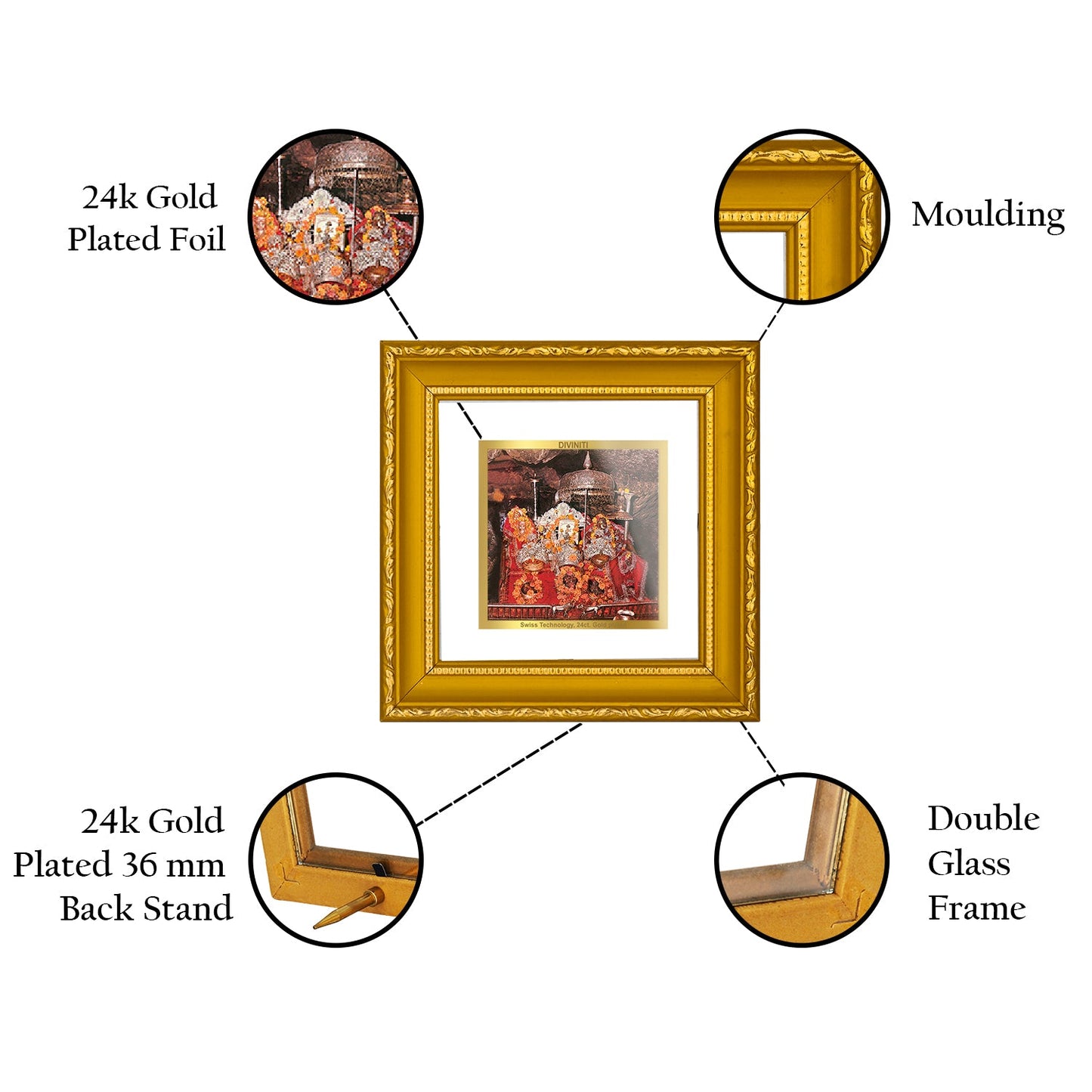 DIVINITI 24K Gold Plated Mata Ka Darbar Photo Frame For Home Decoration, Table, Puja (10 X 10 CM)