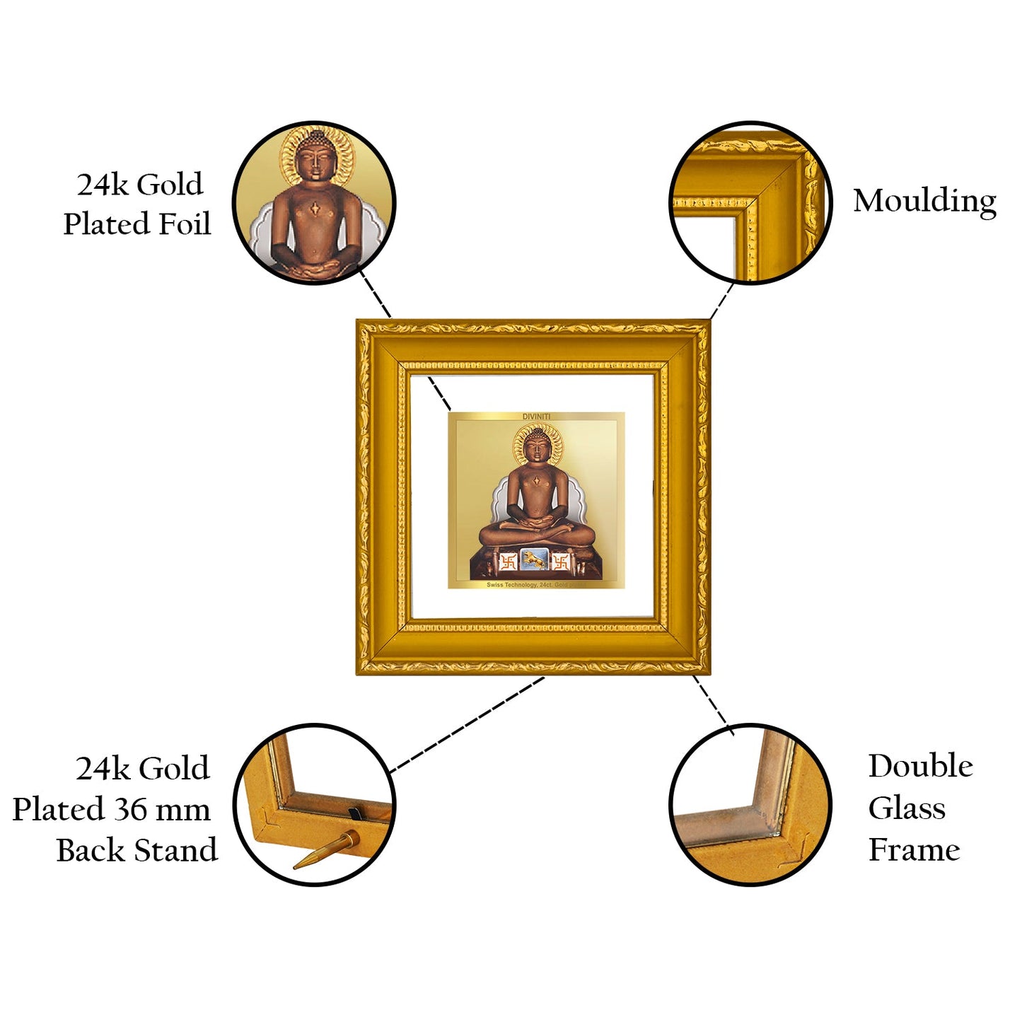 DIVINITI 24K Gold Plated Mahavir Photo Frame For Living Room, Table, Luxury Gift (10 X 10 CM)