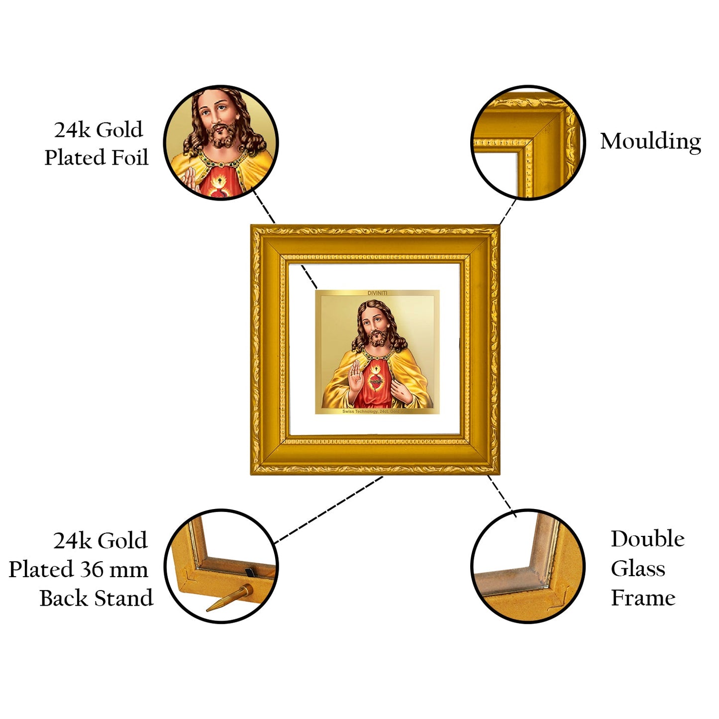 DIVINITI JESUS Gold Plated Wall Photo Frame| DG Frame 101 Size 1A Wall Photo Frame and 24K Gold Plated Foil| Religious Photo Frame Idol For Prayer, Gifts Items (10CMX10CM)