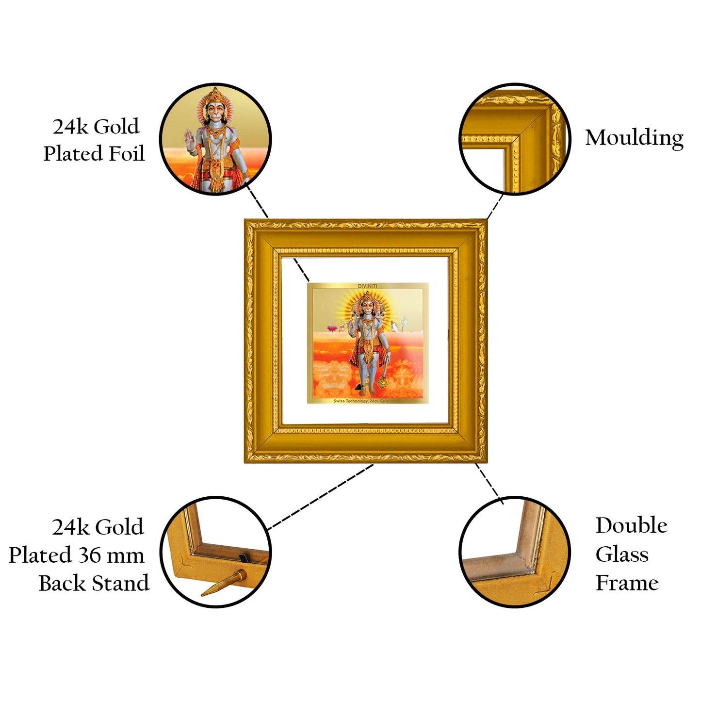 DIVINITI Hanuman-2 Gold Plated Wall Photo Frame| DG Frame 101 Size 1A Wall Photo Frame and 24K Gold Plated Foil| Religious Photo Frame Idol For Prayer, Gifts Items (10CMX10CM)